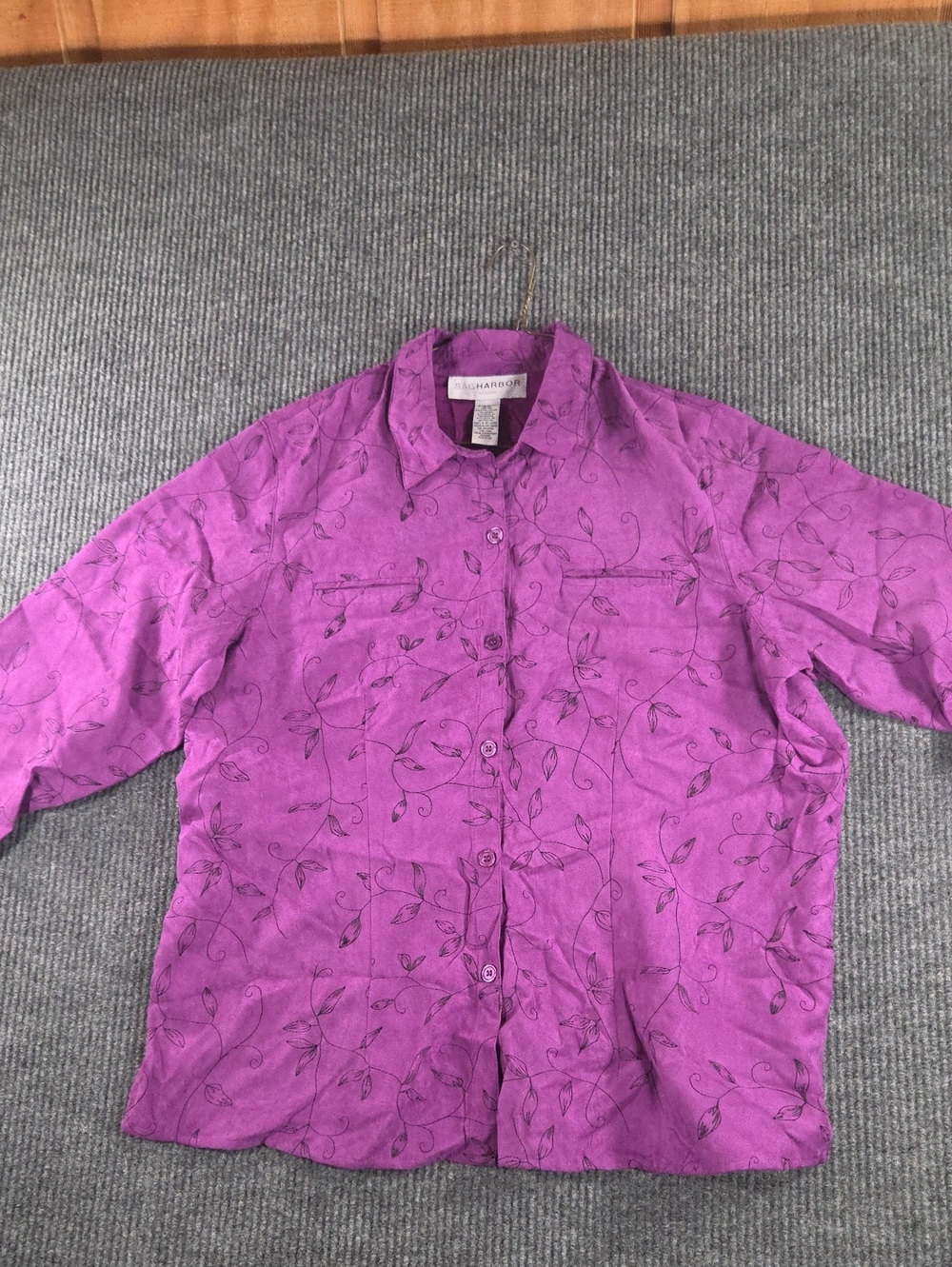 Sharagano Violet Button-Front Shirt with Leaf Motif